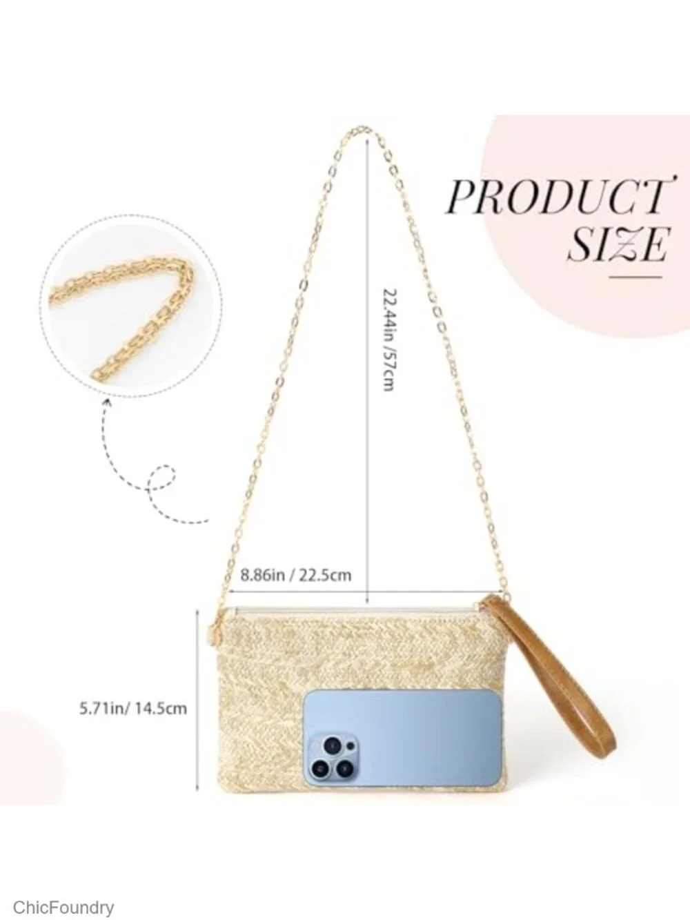 Straw Clutch Purse with Chain Strap Wristlet Bohemian Handbag Beach Summer